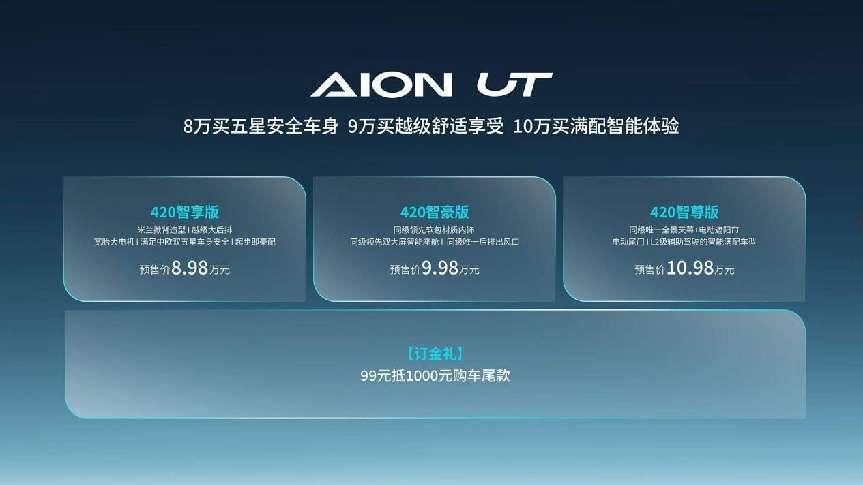 埃安AION UT预售发布，8.98万起